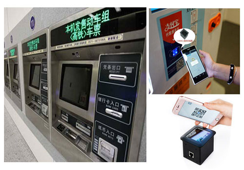 Leitor de código de barras incorporado na máquina de venda automática de auto-atendimento no metrô